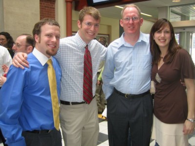Pictured L-R: Keith Sevigny, Christopher Pickett, Dr. John Settlage and Liza Boyle, on Graduation Day in 2007. Sevigny, Pickett and Boyle are members of the TCPCG Class of '07; Dr. Settlage was one of their professors. Photo credit: Jennifer Sevigny.