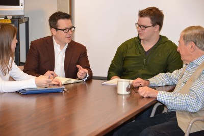 Members of the imagination, creativity, and innovation (ICI) research team discusses the project. Pictured (L-R): Laurel Brandon, Ron Beghetto, Andrew Cochran, and Joseph Renzulli.